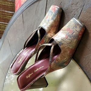 Stefani collection metallic floral design mules